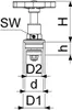 A technical drawing of a valve component with dimensions and labels. Produktbild-Vorschau