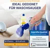 A hand using a cleaning tool on a stained sofa, with a bottle of cleaning solution in the background. Produktbild-Vorschau