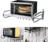 A collage of images showing a microwave oven on a wall-mounted rack, a microwave oven on a shelf, and kitchen utensils hanging from a rack. Podgląd zdjęcia produktu