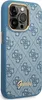 A close-up view of a blue iPhone case with a repeating Guess logo pattern and a gold Guess logo at the bottom. Produktbild-Vorschau