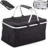 A black picnic basket with silver handles is shown against a white background. There are two smaller inset images showing the basket folded and the interior. Náhled obrázku produktu