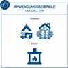 Marketing image showing application examples for a product, categorized into 'Outdoor' and 'Indoor' uses. Produktbild-Vorschau