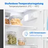 Inside view of a refrigerator showing food items and internal lighting. Produktbild-Vorschau
