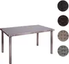 A rectangular poly-rattan table with a glass top, shown on a white background. Four circular swatches showing different color options for the rattan are displayed to the right of the table. Produktbild-Vorschau