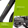 Close-up of an e-bike frame and motor with text overlays describing features. Produktbild-Vorschau