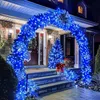 A house entrance decorated with blue Christmas lights and trees. Produktbild-Vorschau
