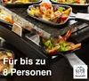 A raclette grill with food being cooked in the pans, with text overlay indicating capacity. Produktbild-Vorschau