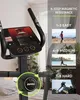 A close-up of an exercise bike's console and handlebars, with overlaid marketing graphics showing different resistance levels and corresponding lifestyle images. Podgląd zdjęcia produktu