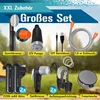 A collage of camping shower accessories against a blurred outdoor background. Produktbild-Vorschau