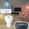 A living room scene with smart home devices, including a smart bulb and a smart speaker, connected to Alexa. Produktbild-Vorschau