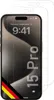 A screen protector is shown placed over an iPhone 15 Pro. Produktbild-Vorschau