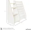 A white children's bookshelf with multiple shelves and fabric pockets, shown with dimensions indicated. Podgląd zdjęcia produktu