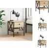 A collage of images showing a wooden nightstand with black metal accents, featuring a drawer and a shelf. One image shows the nightstand in a bedroom setting with a lamp and plant. Náhled obrázku produktu