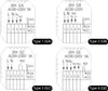 Diagrams showing the wiring and connection points for four different types of smart thermostats. Produktbild-Vorschau