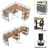 A collage of images showing the dimensions and features of a rustic wood-grain L-shaped desk. Anteprima dell’immagine prodotto