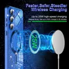 A blue glitter phone case is shown next to a wireless charger, with glowing lines indicating charging. Produktbild-Vorschau