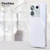 A clear TPU phone case is shown partially covering a white smartphone, highlighting its flexibility and transparency. Produktbild-Vorschau