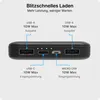 A black power bank with various ports labeled with text and arrows. Produktbild-Vorschau