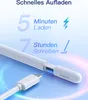 A close-up of a stylus pen with a USB-C cable, with text highlighting fast charging and writing time. Produktbild-Vorschau