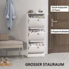 A white shoe cabinet with three flip-down drawers is shown in a room with a bench and a door in the background. Produktbild-Vorschau