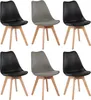 Six dining chairs, four black and two gray, arranged in two rows of three against a white background. Voir les images du produit