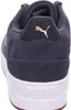 The back view of a dark gray Puma sneaker with a white sole and a gold Puma logo on the heel. Produktbild-Vorschau