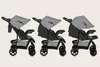 Three identical strollers are shown side-by-side against a plain background, each in a slightly different configuration. Podgląd zdjęcia produktu