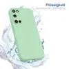 A light green phone case is shown with water splashing around it, suggesting it is water-repellent. Produktbild-Vorschau