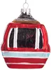 A close-up studio shot of a red glass Christmas ornament shaped like a ski gondola. Voir les images du produit