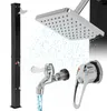 A collage of shower components including a black solar shower column, a shower head with water spraying, and two faucets. Produktbild-Vorschau