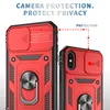 Two red phone cases are shown side-by-side, with arrows indicating camera protection. Produktbild-Vorschau