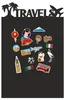 A collection of travel-themed magnets arranged on a black background, with the word 'TRAVELS' at the top. Náhľad obrázku produktu