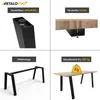 A collage of four images showcasing different features and components of table legs, including adjustable feet, hidden mounting holes, a central support bar, and a table with the legs attached, along with a weight capacity indicator. Podgląd zdjęcia produktu