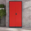 A red metal cabinet with a gray frame is shown against a gray concrete wall. Produktbild-Vorschau