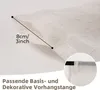 Close-up of a sheer curtain fabric with a measurement indicator and a small inset showing the curtain on a rod. Produktbild-Vorschau