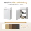 A split image showing a closed and an open bathroom cabinet, with color options and descriptive text. Náhled obrázku produktu