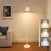 A white floor lamp is shown in a living room setting next to a sofa, with a framed picture on the wall. To the right, there are three smaller images showing different light settings of the lamp. Podgląd zdjęcia produktu