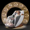 A woman is relaxing in a massage chair, surrounded by circular icons detailing the chair's features. Produktbild-Vorschau