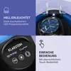 Collage of images showing a watch winder with a watch inside, a close-up of the control panel, and marketing text. Produktbild-Vorschau