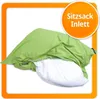 A green bean bag chair insert with a white inner lining. The top portion of the green fabric is pulled back, revealing the white inner bag. Text in an orange circle reads 'Sitzsack Inlett'. Podgląd zdjęcia produktu