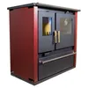 A product shot of a red and black wood-burning stove with a silver handle and trim, set against a white background. Produktbild-Vorschau
