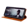 A brown leather flip case for a smartphone, showing the phone screen displaying a movie poster titled 'The Inspector'. Produktbild-Vorschau