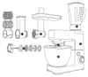 An illustration of a kitchen machine with various attachments, showing different parts labeled with letters. Podgląd zdjęcia produktu