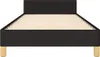 A front view of a black fabric bed frame with a headboard and wooden legs, shown without a mattress. Náhled obrázku produktu