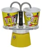 A Bialetti MINI EXPRESS Moka pot set with two cups, featuring pop art-style graphics. Produktbild-Vorschau