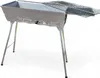 A silver barbecue grill with a raised lid and legs, shown against a white background. Produktbild-Vorschau