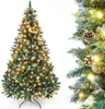 A decorated artificial Christmas tree with lights and pine cones, shown from the front and a close-up of its side. Produktbild-Vorschau