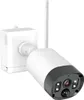 A white and black security camera with an antenna, mounted on a white bracket. Produktbild-Vorschau