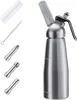 A stainless steel whipped cream dispenser with several attachments and a cleaning brush, displayed on a white background. Produktbild-Vorschau