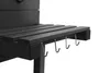 A close-up view of the side of a black grill, showing hooks attached to the underside of a shelf. Produktbild-Vorschau